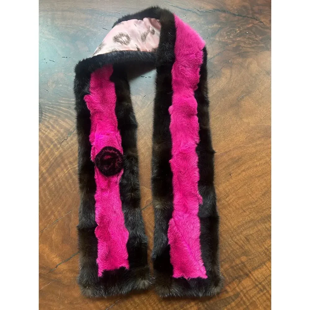 Vintage Y2K Real Mink Fur Scarf Colorblock Hot Pink Brown Rosette Pull Through